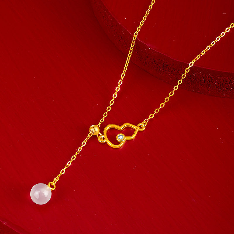 Fu Lu Double Full Sterling Silver 925 Women's New Chinese Style National Fashion Chalcedony Tassel Clavicle Chain Ins Style Gourd Zircon Pendant