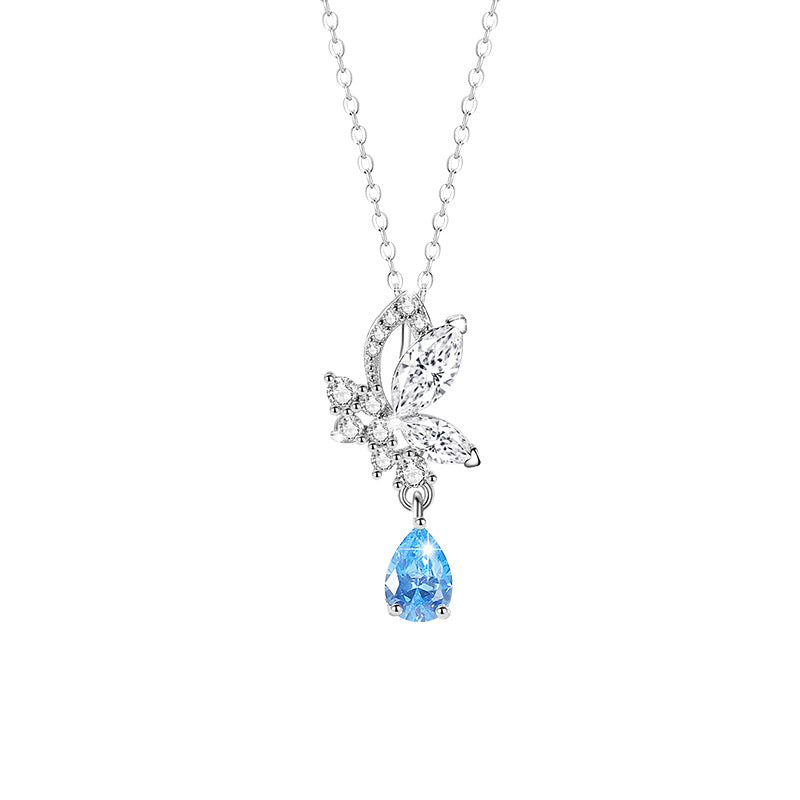 Butterfly Sterling Silver 925 Necklace Female Niche Design Light Luxury Water Drop Clavicle Chain Get Things Ins Style Zircon Pendant