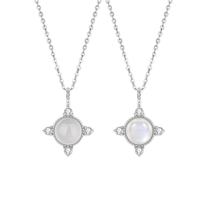 S925 Sterling Silver Necklace Women's Inlaid Natural White Chalcedony Fritillaria Four Awn Star Clavicle Chain Gentle Style Valentine's Day Gift