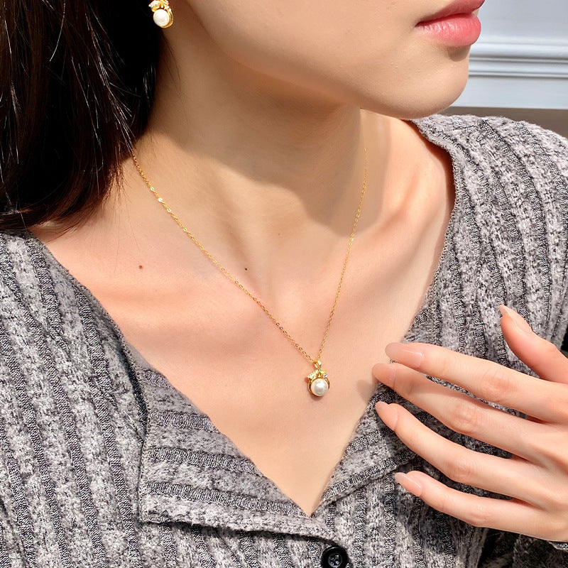 S925 Sterling Silver Leaf Pearl Jewelry Set Elegant Commuter Clavicle Chain Earrings for Girlfriend Mother Holiday Gift