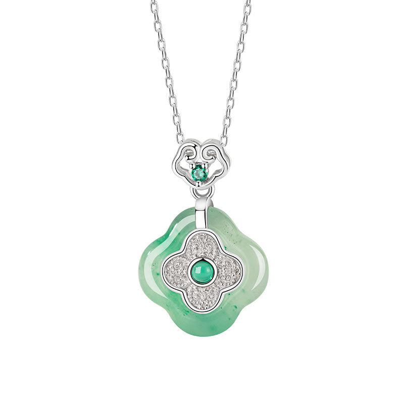 Lucky Clover Sterling Silver 925 Necklace Women's New Chinese Style Natural African Emerald Ruyi Clavicle Chain Auspicious Cloud Lock Pendant