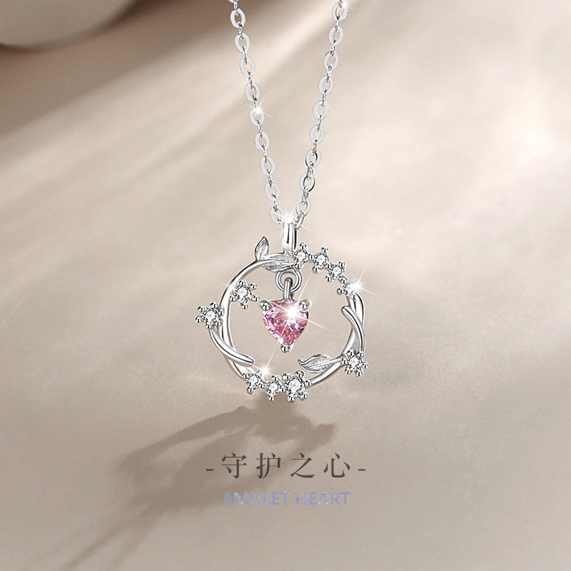 Lovely Sterling Silver 925 Necklace Female Niche Design Light Luxury Pink Zircon Clavicle Chain Get Things Ins Flower Pendant