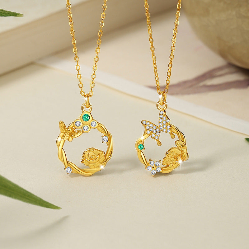 Original Butterfly Sterling Silver 925 Hetian Jasper Necklace New Chinese Flower Zircon Clavicle Chain Ins Style Flower Bud Pendant