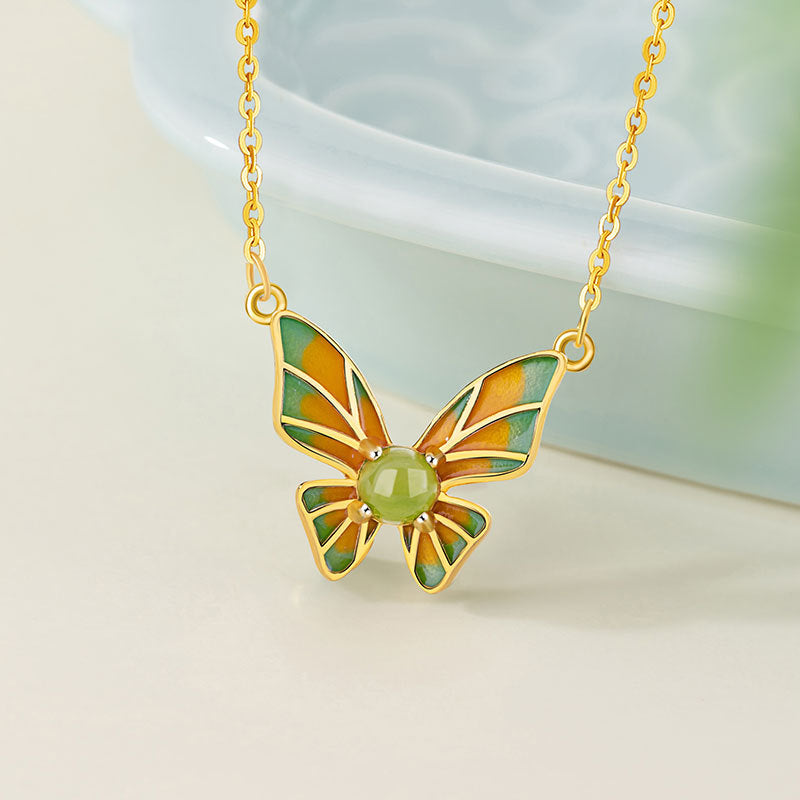 Butterfly Dance Elegant Sterling Silver 925 Necklace Women's Light Luxury High-Grade Hetian Jade Clavicle Chain Ins Style Butterfly Pendant