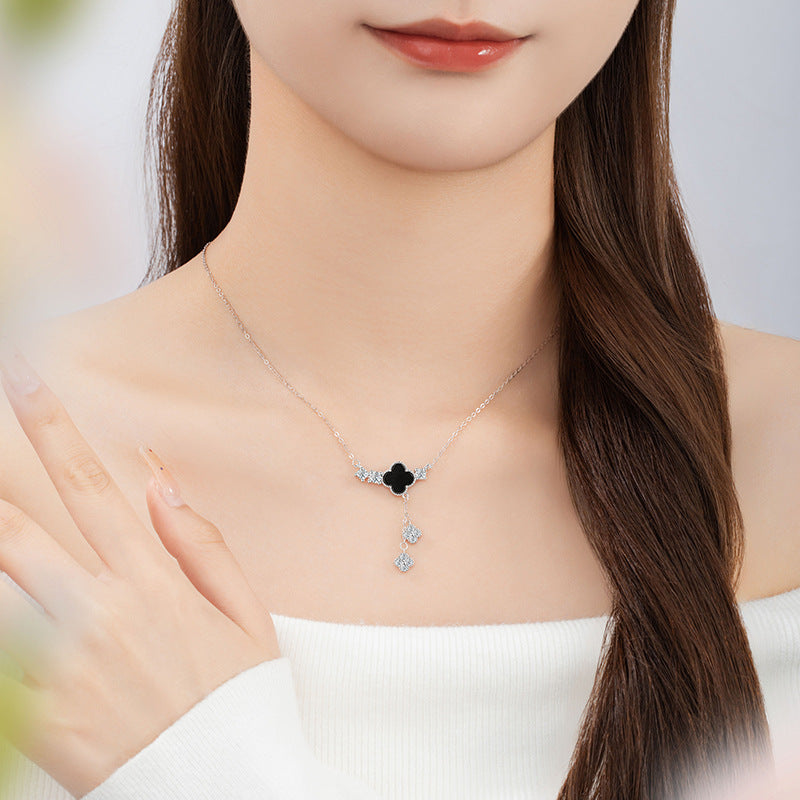 Lucky Clover Sterling Silver 925 Necklace Women's Fashion Versatile Black Agate Tassel Clavicle Chain Ins Flower Pendant