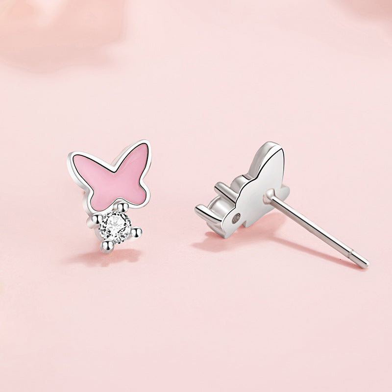 Butterfly Pure Silver 999 Luminous Girl Stud Earrings Female Sweet Cute Wind Epoxy Star Zircon Earrings Ins Earrings