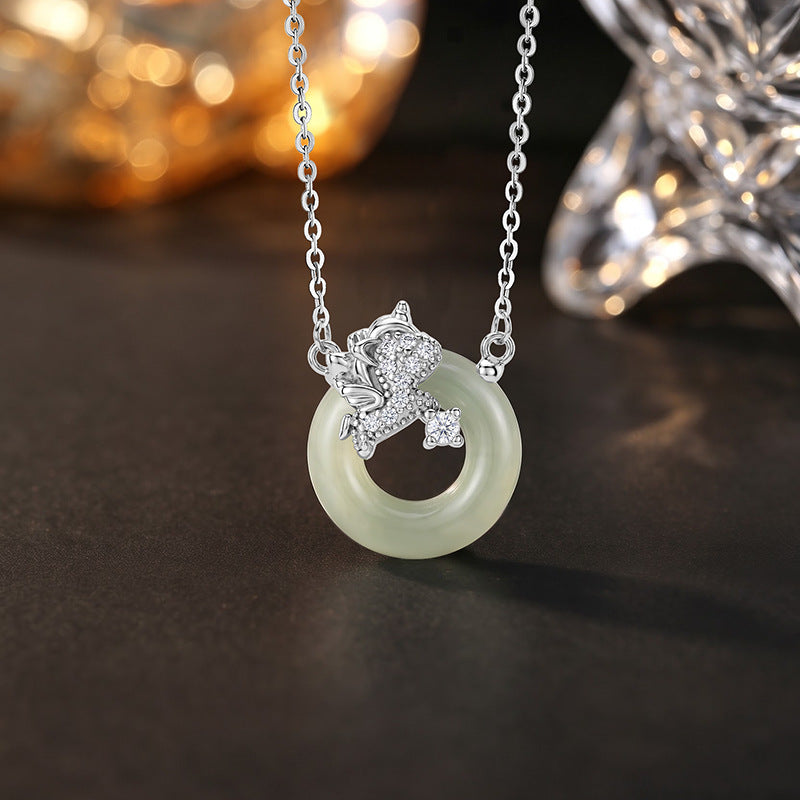 Hetian Jade Unicorn Pendant S925 Sterling Silver Necklace New Chinese Style Safety Buckle Clavicle Chain Niche National Style Silver Jewelry for Women
