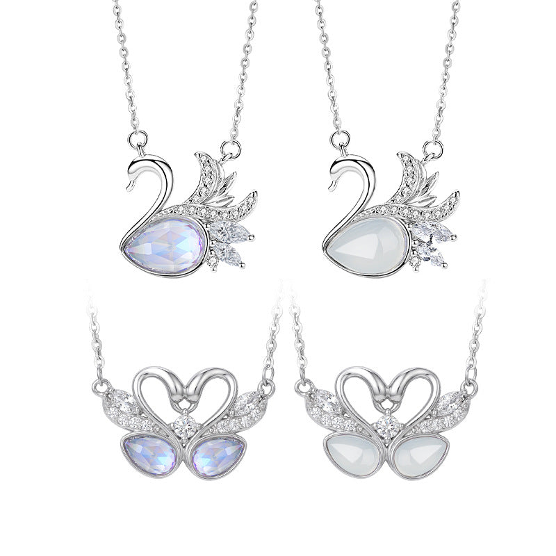S925 Sterling Silver Natural White Agate Necklace Female Niche Design Sense Korean Gentle Style Clavicle Chain Double Swan Pendant