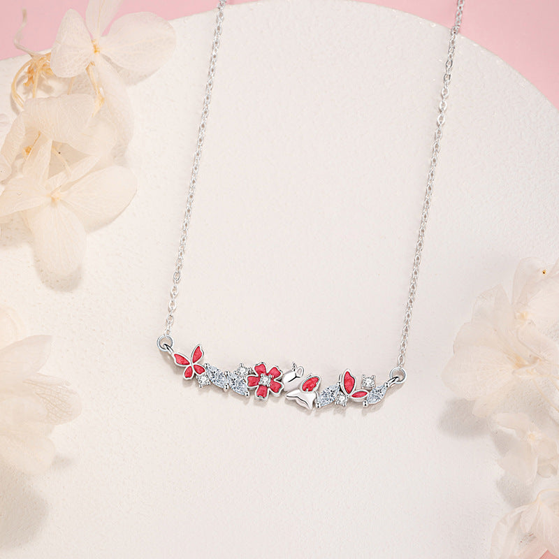 Butterfly Sterling Silver 925 Necklace Female Sweet Cute Style Peach Blossom Zircon Clavicle Chain Small Red Book Same Style Flower Pendant