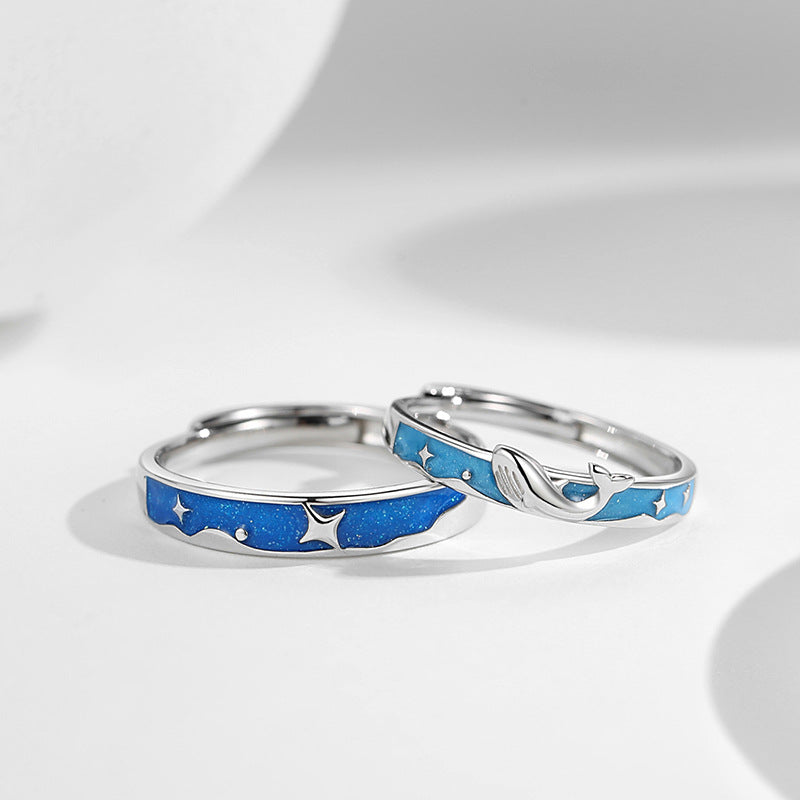 Original Design Whale Couple Ring Pair S925 Silver Artistic Air-Cooled Enamel Star Pair Ring Open Mouth Generation Hair