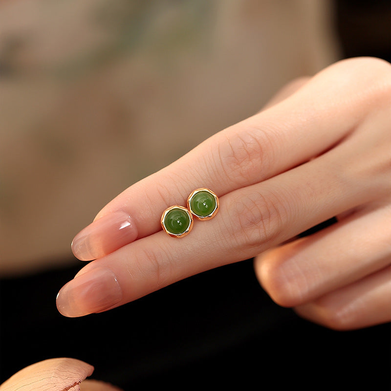 New Chinese Style Hetian Jade S925 Sterling Silver Stud Earrings for Girlfriend Valentine's Day Gift Light Luxury National Style Earrings