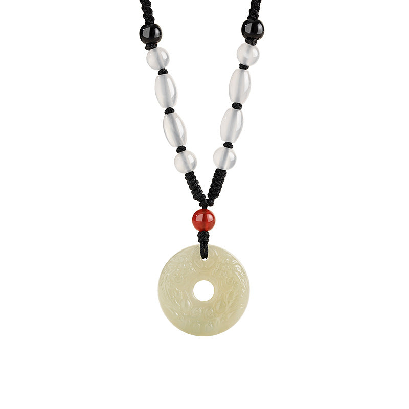 Natural Hetian Jade Safety Buckle Necklace Men's Light Luxury High-Grade Red Agate Necklace Coin Chalcedony Pendant