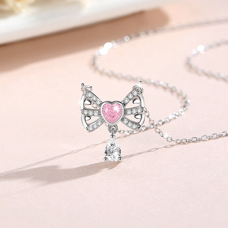 Bowknot Sterling Silver 925 Necklace Female Niche Design Light Luxury Pink Diamond Clavicle Chain Get Things Ins Style Love Pendant
