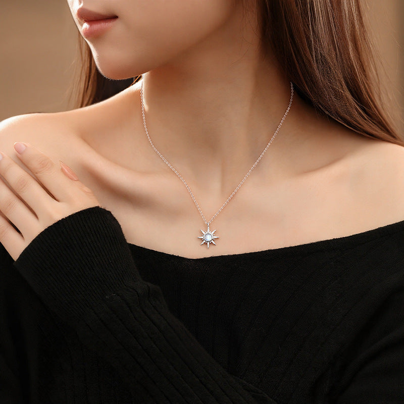 Elegant S925 Sterling Silver Necklace Women's Natural White Agate Moonstone Light Luxury Star Clavicle Chain Niche Silver Jewelry Wholesale