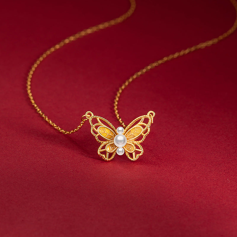 Butterfly Sterling Silver 925 Necklace Female Niche Design Light Luxury Shijia Pearl Clavicle Chain Ins Style Hollow Pendant