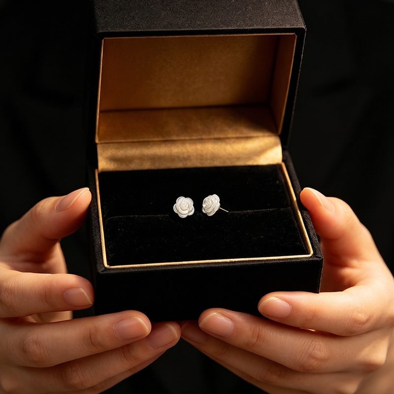 Hetian Jade Rose Stud Earrings Three-Dimensional Relief S925 Sterling Silver New Chinese Style Simple Earrings for Women Valentine's Day Gift