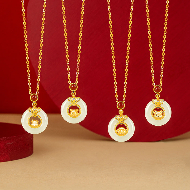 Pure Silver 999 Hetian Jade Safety Buckle Necklace Twelve Zodiac Pendant Birth Year Red Agate National Fashion Clavicle Chain