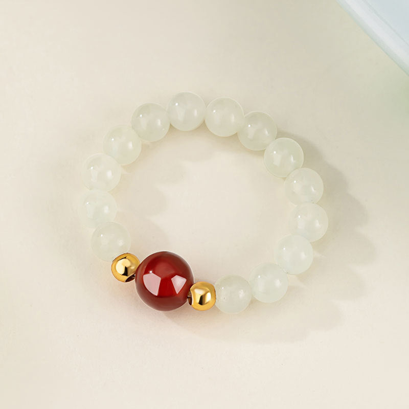 Natural Hetian Jade 925 Sterling Silver Ring Women's Light Luxury High-Grade New Chinese Style Ins Red Agate Beaded Ring