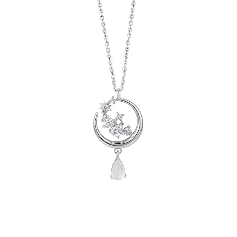 S925 Silver Necklace Water Drop White Agate Pendant Light Luxury High-Grade Star Moon Clavicle Chain Niche All-Match Girlfriend Gift
