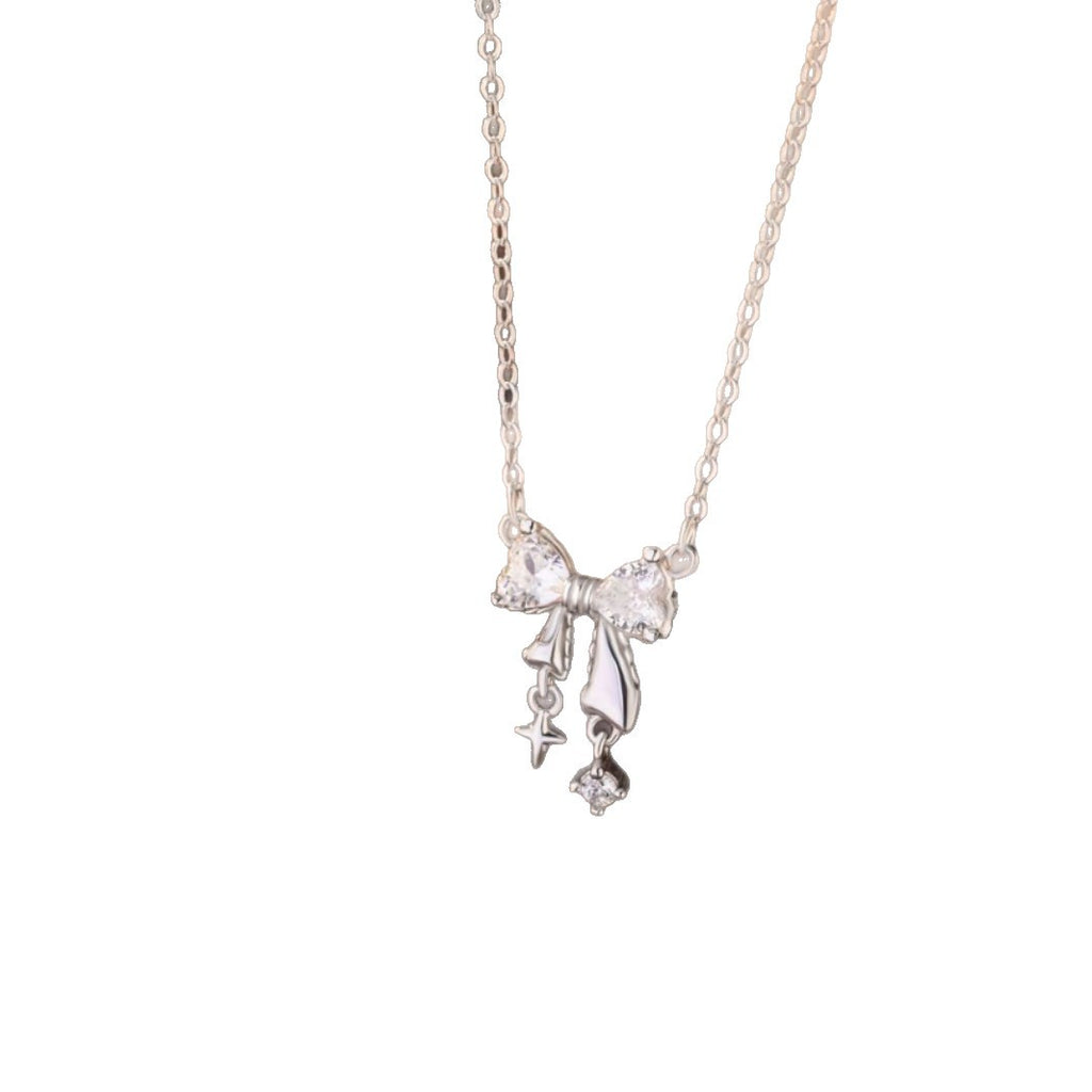 Bow Pure Silver 999 Necklace Women's Fashion All-Match Star Tassel Clavicle Chain Ins Little Red Book Same Pendant