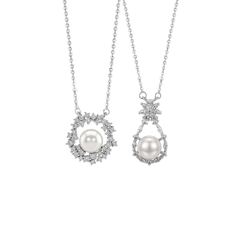 S925 Sterling Silver Freshwater Pearl Necklace Women's Court Snowflake Water Drop Pendant Retro Light Luxury Clavicle Chain Silver Jewelry Wholesale
