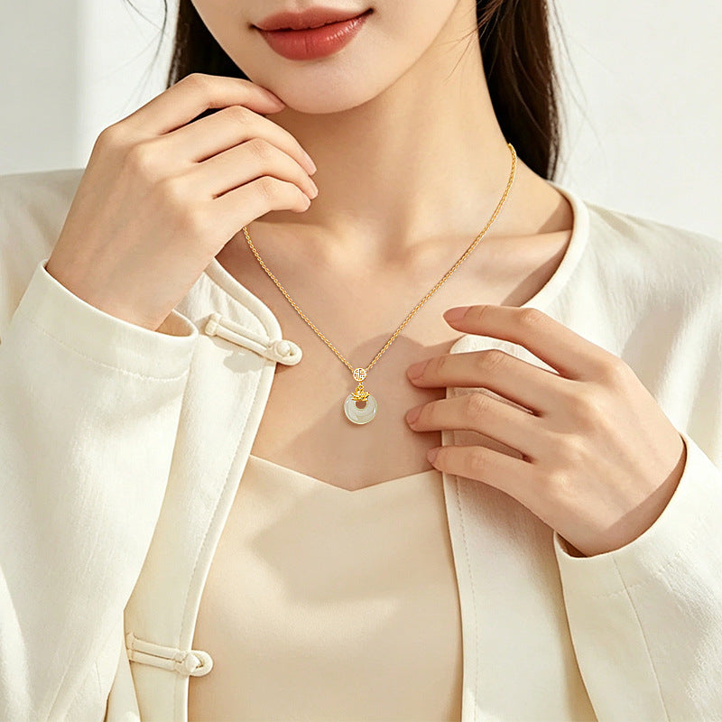 Twelve Flower God Series Hetian Jade Safety Buckle Necklace S925 Pure Silver Inlaid Jade Pendant New Chinese Style Clavicle Chain