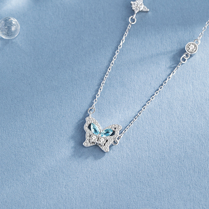 Butterfly Sterling Silver 925 Necklace Female Niche Design Light Luxury Light Blue Zircon Clavicle Chain Ins Style Star Pendant