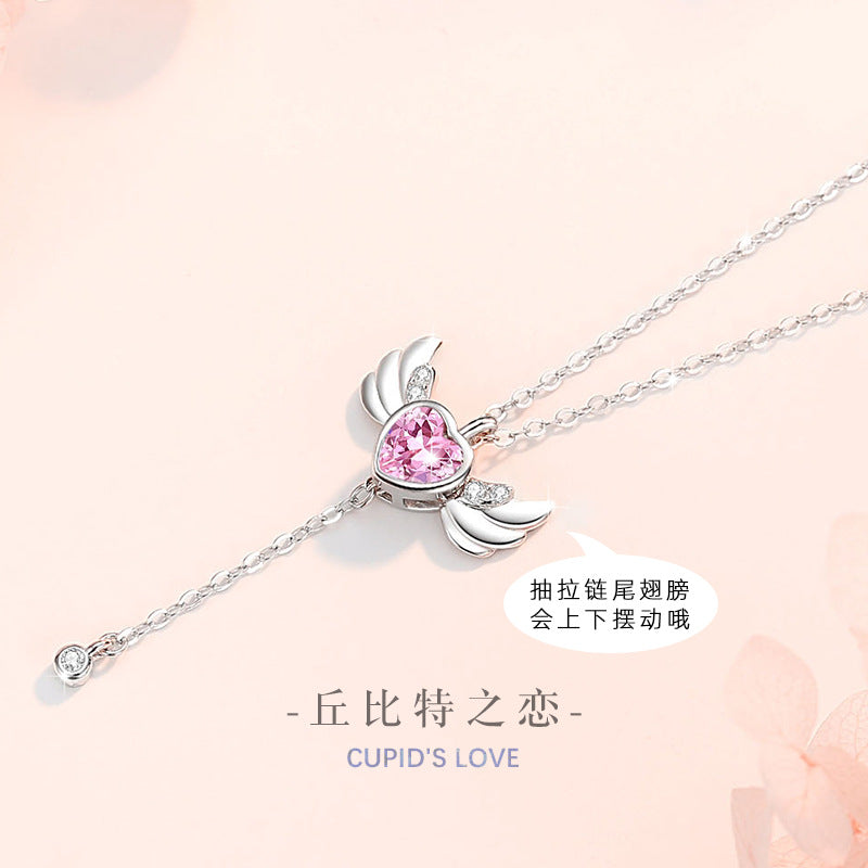 Angel Wings Sterling Silver 925 Necklace Women's Fashion Versatile Love Clavicle Chain Ins Pull Wings Movable Pendant