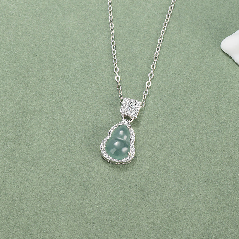 Fu Lu Double Full Sterling Silver 925 Necklace New Chinese National Fashion Dangerous Material Blue Water Jade Clavicle Chain Ins Style Gourd Pendant