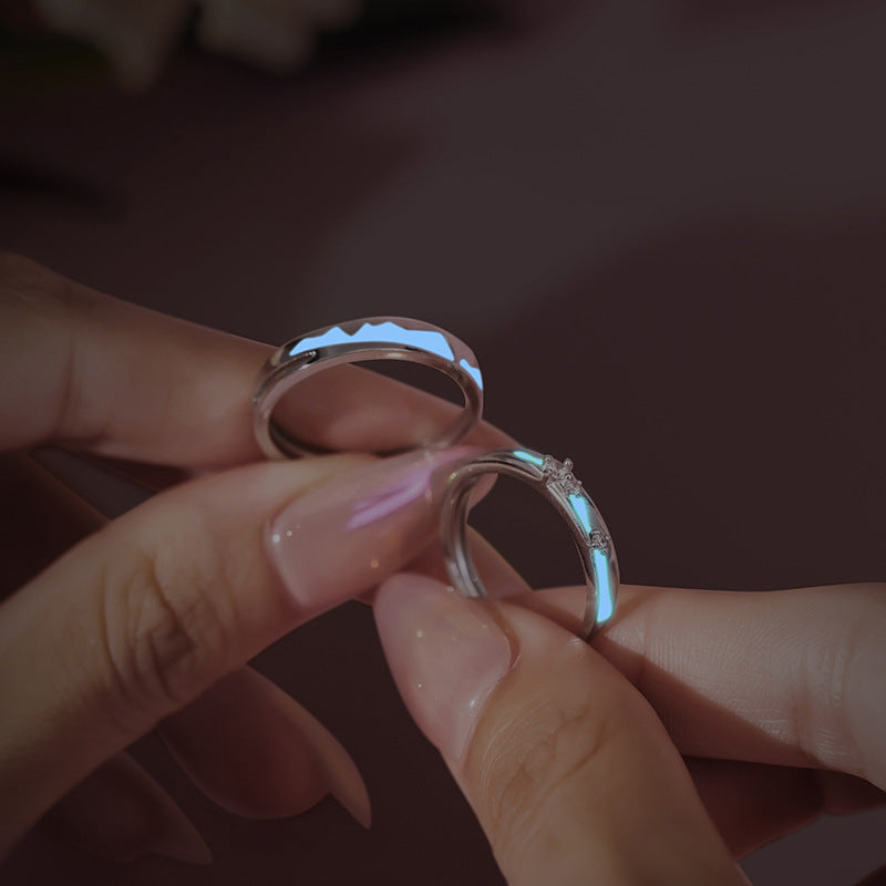 Love Oath Luminous Sterling Silver 925 Couple Ring Men and Women Fashion All-Match Zircon Ring Qixi Ins Pair Ring