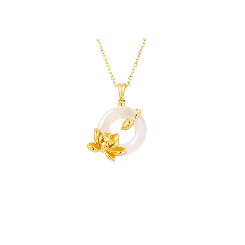 Lotus Pure Silver 999 Chalcedony Necklace Female New Chinese National Fashion Safety Buckle Clavicle Chain Ins Mother's Day Gift Pendant