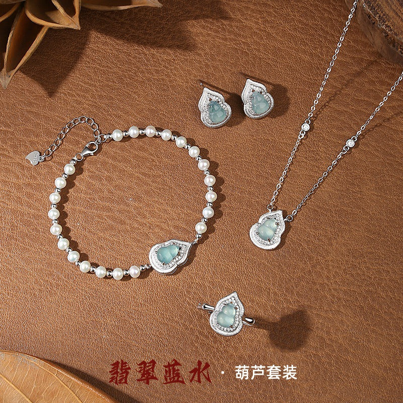Natural Dangerous Material Green Blue Water Fu Lu Gourd Set S925 Sterling Silver Freshwater Pearl Necklace Bracelet Ring Earrings
