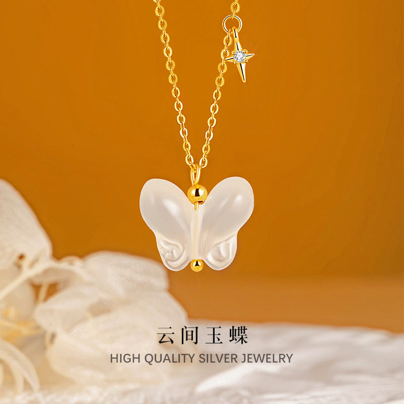 New Chinese Style Butterfly Jade Jewelry Natural Ice Chalcedony Pendant Exquisite S925 Sterling Silver Necklace Gold-Plated Clavicle Chain