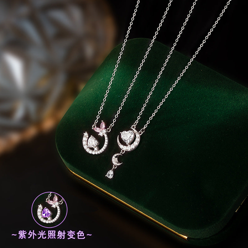 2026 New Light-Changing Love Stone S925 Sterling Silver Necklace Female UV Color-Changing Star Moon Clavicle Chain All-Match Jewelry