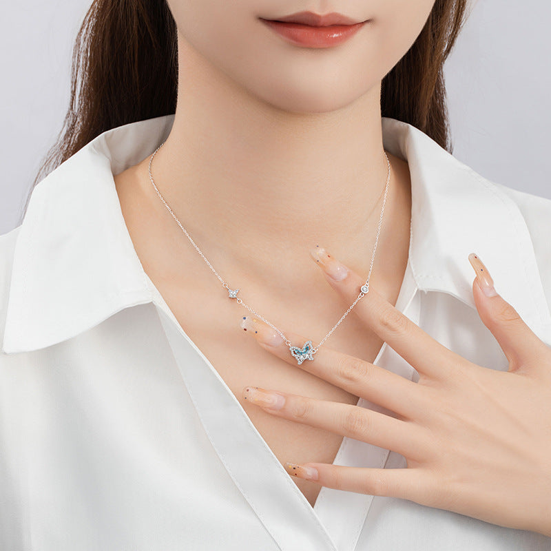 Butterfly Sterling Silver 925 Necklace Female Niche Design Light Luxury Light Blue Zircon Clavicle Chain Ins Style Star Pendant