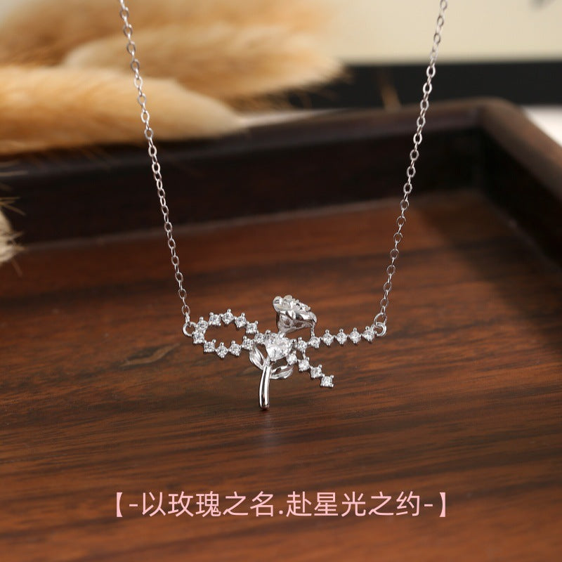 Rose Starry S925 Sterling Silver Necklace for Women Light Luxury High-Grade Clavicle Chain Valentine's Day Birthday Gift for Girlfriend
