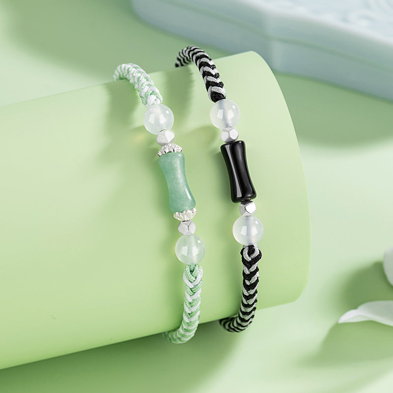 Festival High White Agate Sterling Silver 925 Couple Bracelet Mori Bamboo Jade Stone Bracelet Ins Style Bamboo Bracelet