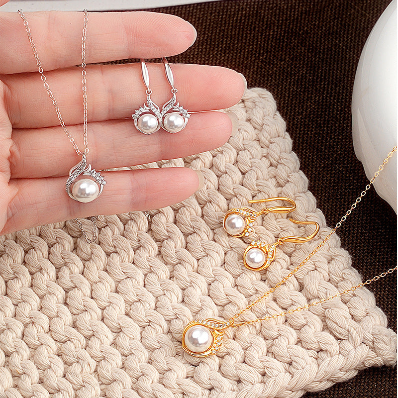 Light Luxury S925 Sterling Silver Pearl Set New Chinese Necklace Ear Hook High-Grade Gift for Girlfriend Lover Valentine's Day Gift