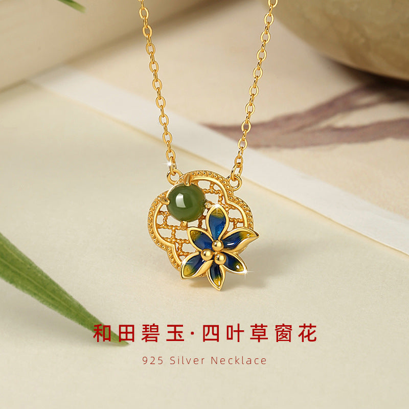 Clover Sterling Silver 925 Necklace Women's New Chinese Style National Fashion Hetian Jasper Flower Clavicle Chain Ins Wind Window Flower Pendant