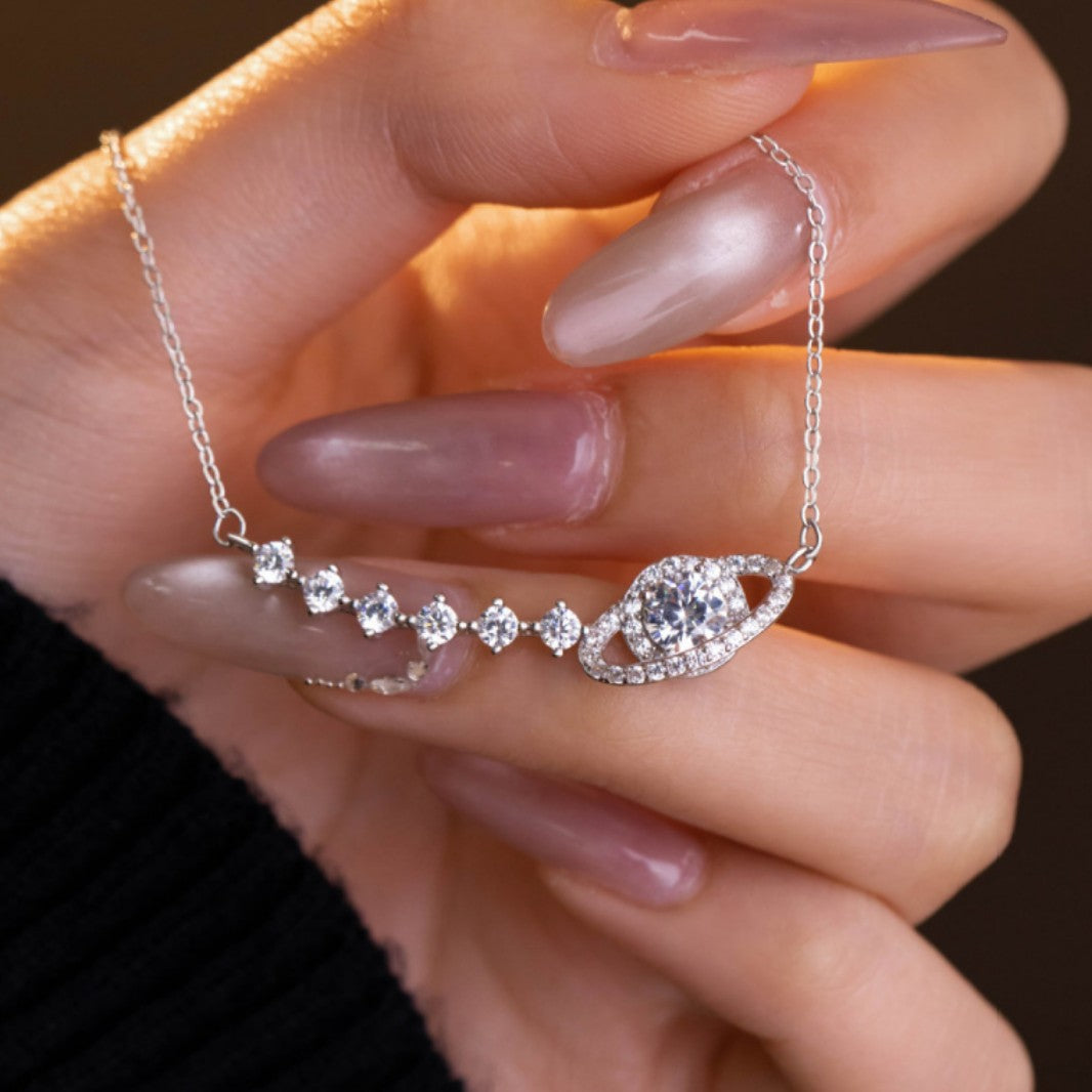 Fantasy Planet Sterling Silver 925 Necklace Female Niche Design Light Luxury Saturn Clavicle Chain Ins Style Star Pendant