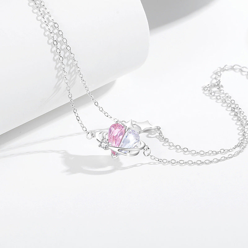 Women's Heart-Shaped Sterling Silver 925 Bracelet Fashionable All-Match Pink Diamond Star Bracelet Ins Style Planet Zircon Bracelet