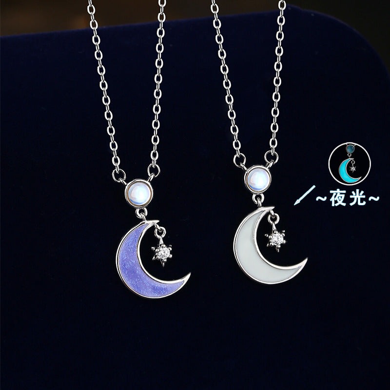 Original Design Enamel Craft Luminous S925 Sterling Silver Necklace Colored Glaze Moonstone Niche Simple Star Moon Clavicle Chain
