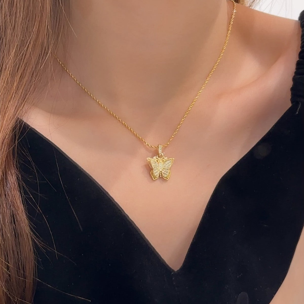 Ancient Butterfly Sterling Silver 925 Necklace Women's Retro Court Style Tassel Clavicle Chain Ins Style High-Grade Zircon Pendant