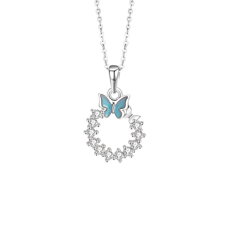 Butterfly Pure Silver 999 Luminous Necklace Female Sweet Cute Garland Zircon Clavicle Chain Small Red Book Same Pendant
