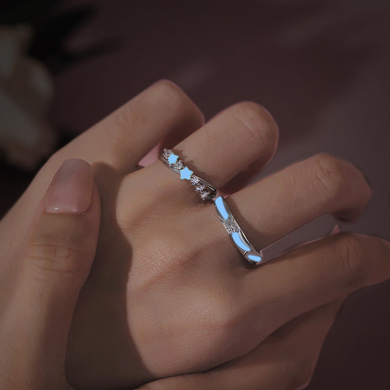 Star Luminous Sterling Silver 925 Couple Ring Men and Women Niche Design Light Luxury Zircon Ring Ins Star Ring