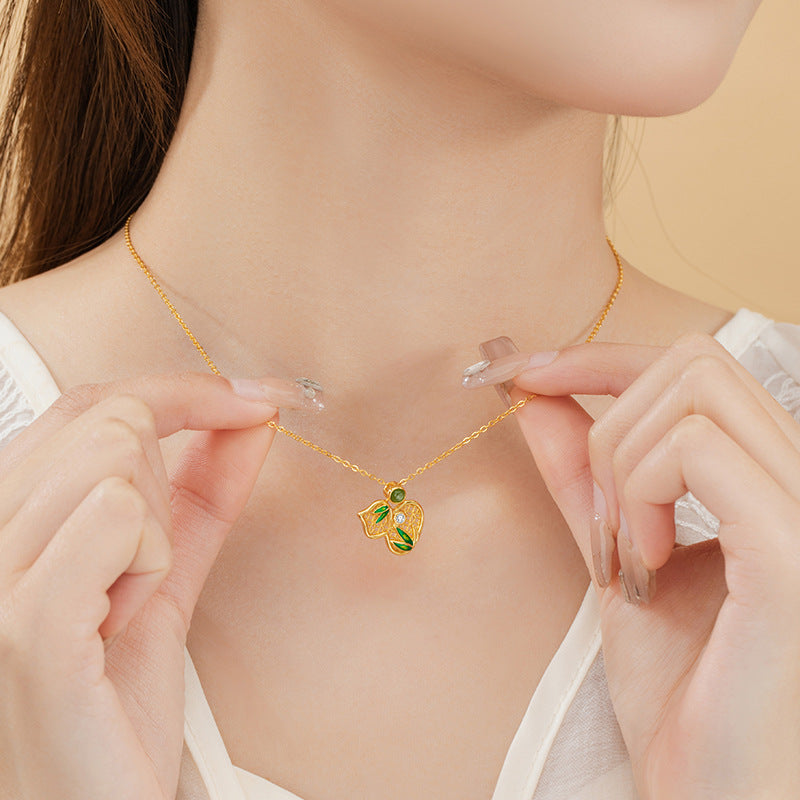 Fu Lu Double Full Sterling Silver 925 Hetian Jasper Necklace New Chinese Style National Fashion Bamboo Clavicle Chain Ins Style Gourd Pendant
