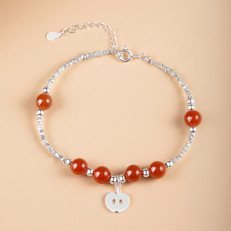 Women's Two Sterling Silver 925 Bracelet with Broken Silver, Light Luxury, High-Grade Christmas Eve Apple Bracelet, Red Agate Christmas Bracelet