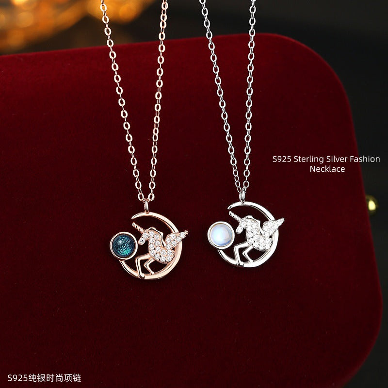 Factory Direct Supply S925 Sterling Silver Necklace Unicorn Pendant Natural White Agate Girl Heart Jewelry Gift for Girlfriend