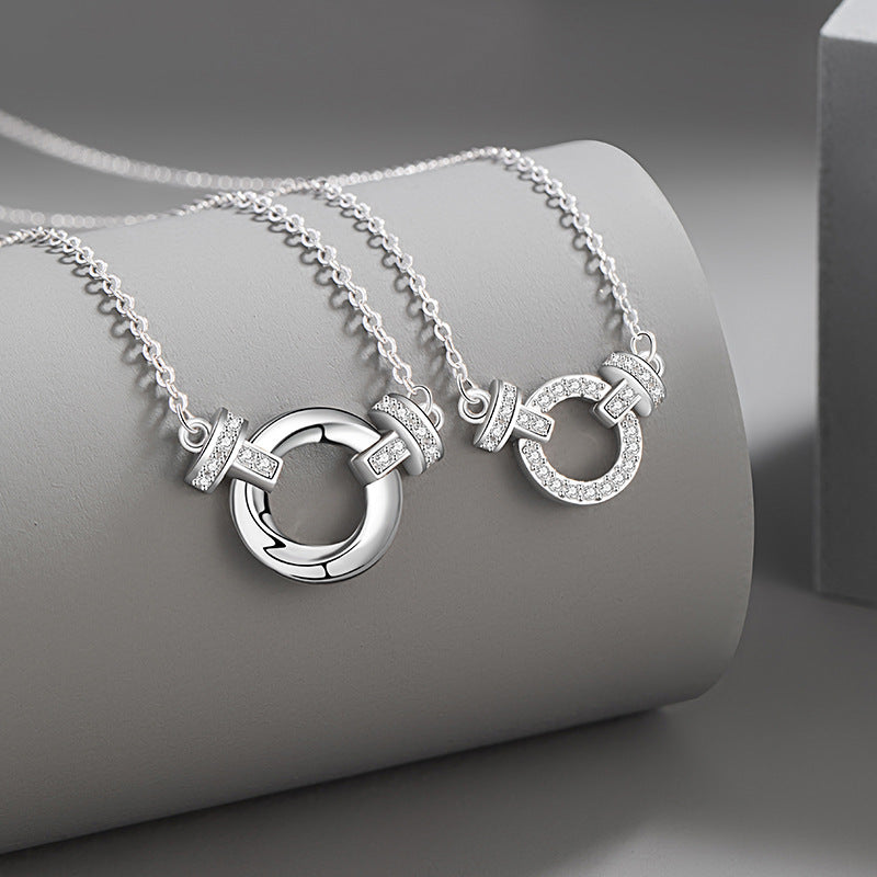 Mobius Sterling Silver 925 Couple Necklace Light Luxury High-Grade Horseshoe Buckle Zircon Clavicle Chain Ins Double Ring Pendant