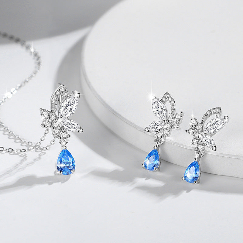 Butterfly Sterling Silver 925 Necklace Female Niche Design Light Luxury Water Drop Clavicle Chain Get Things Ins Style Zircon Pendant